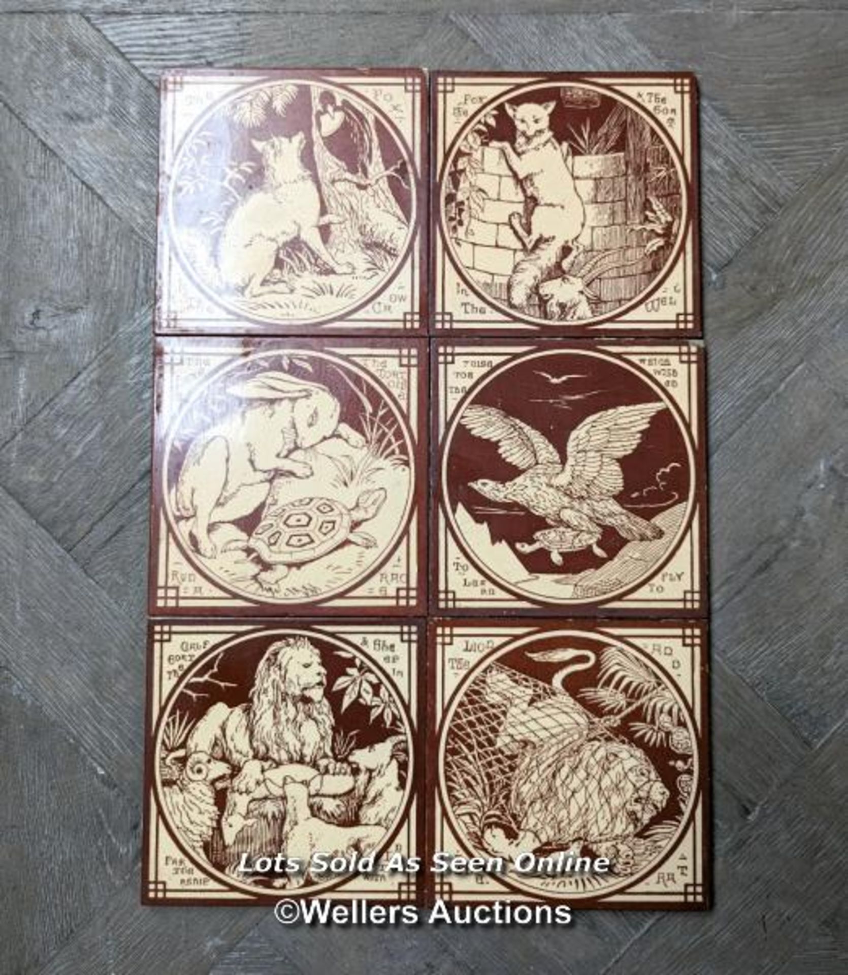 Set of 6 Minton aesop's fables tiles. Possibly designed by J Moyr Smith 1872 to 1875. 6" x 6". Small - Image 2 of 6
