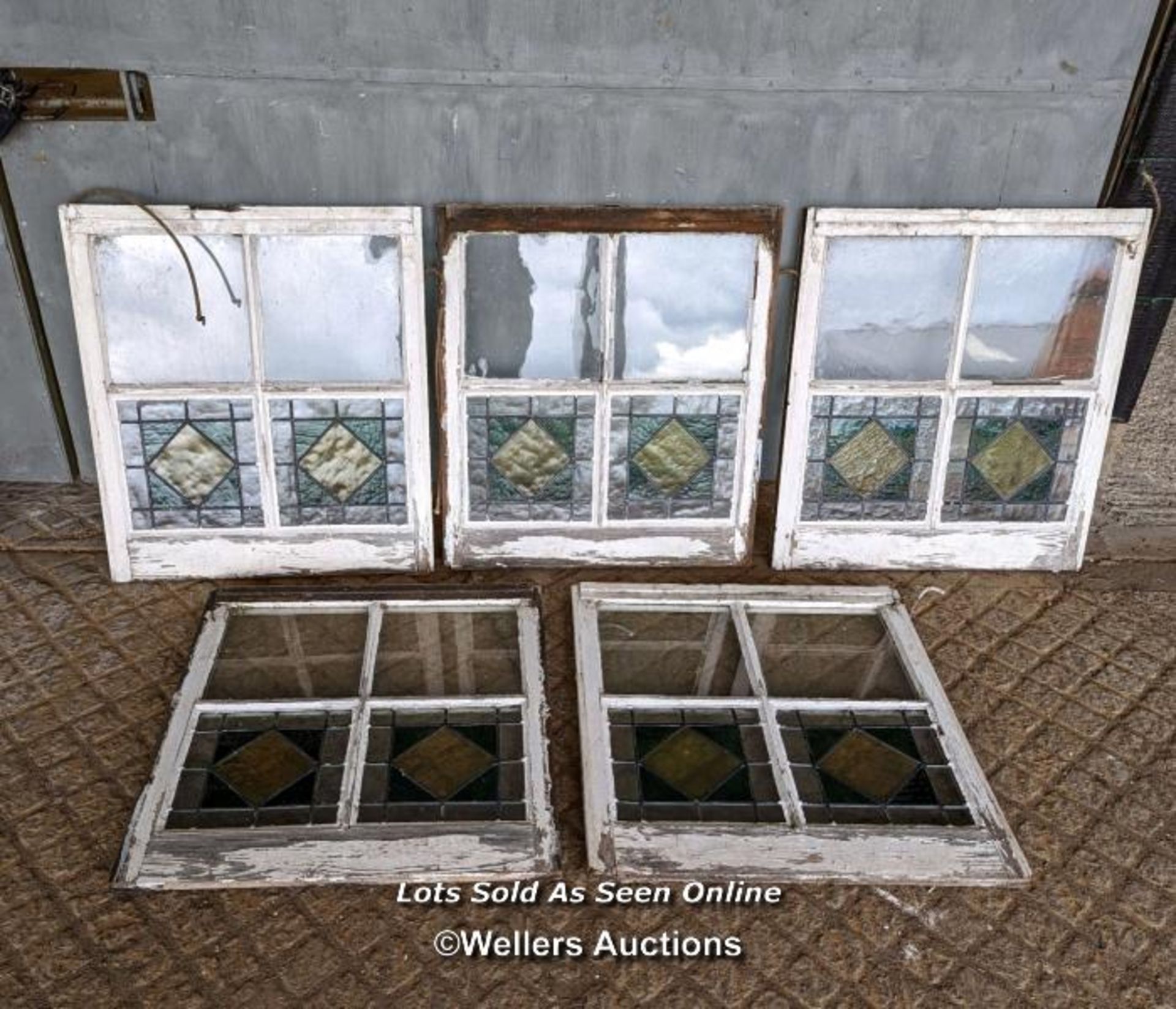 9 stained glass panels in pine frames from a sash window. Some breaks in the glass. Approx size each - Image 3 of 6