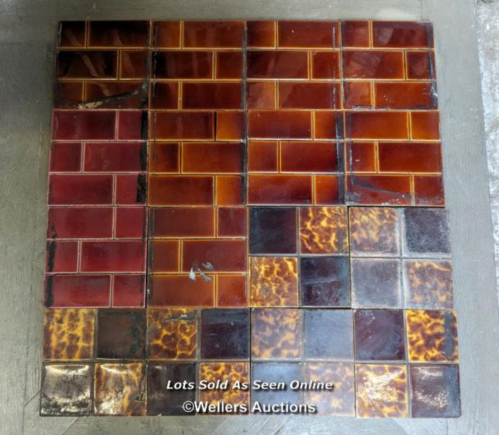 16 various reclaimed tiles. Edwardian. 6" x 6", smoke marks, crackle glaze