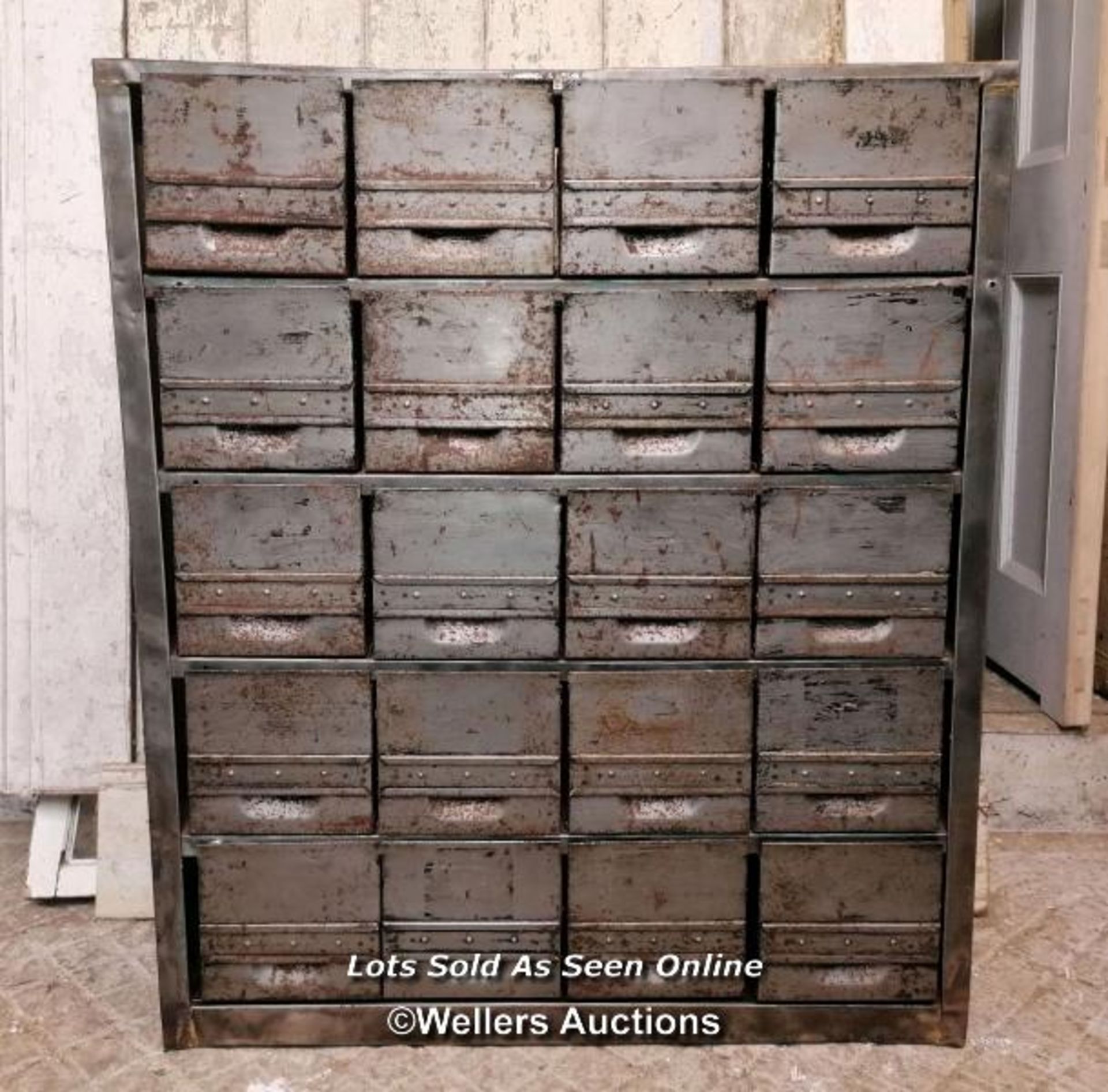 Set of industrial metal drawers by slingsby. 20 drawers. 1950 to 1960s. 107cm H x 92cm x 31cm D