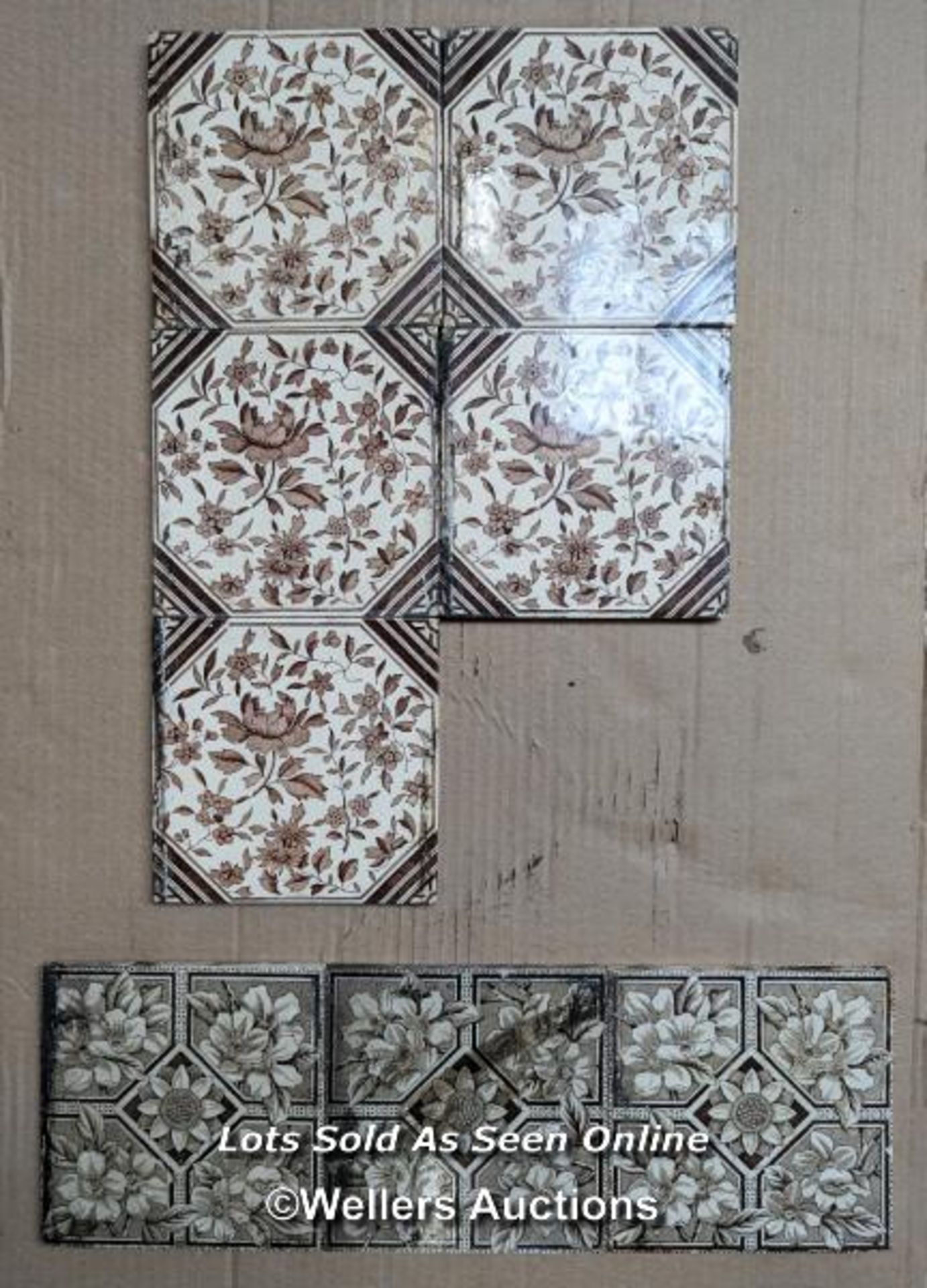 Mixed set of 8 Victorian transfer printed fire tiles, 6" x 6"