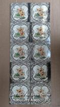 Set of 10 Victorian transfer printed fireplace tiles. Some holes and mastic on the tiles