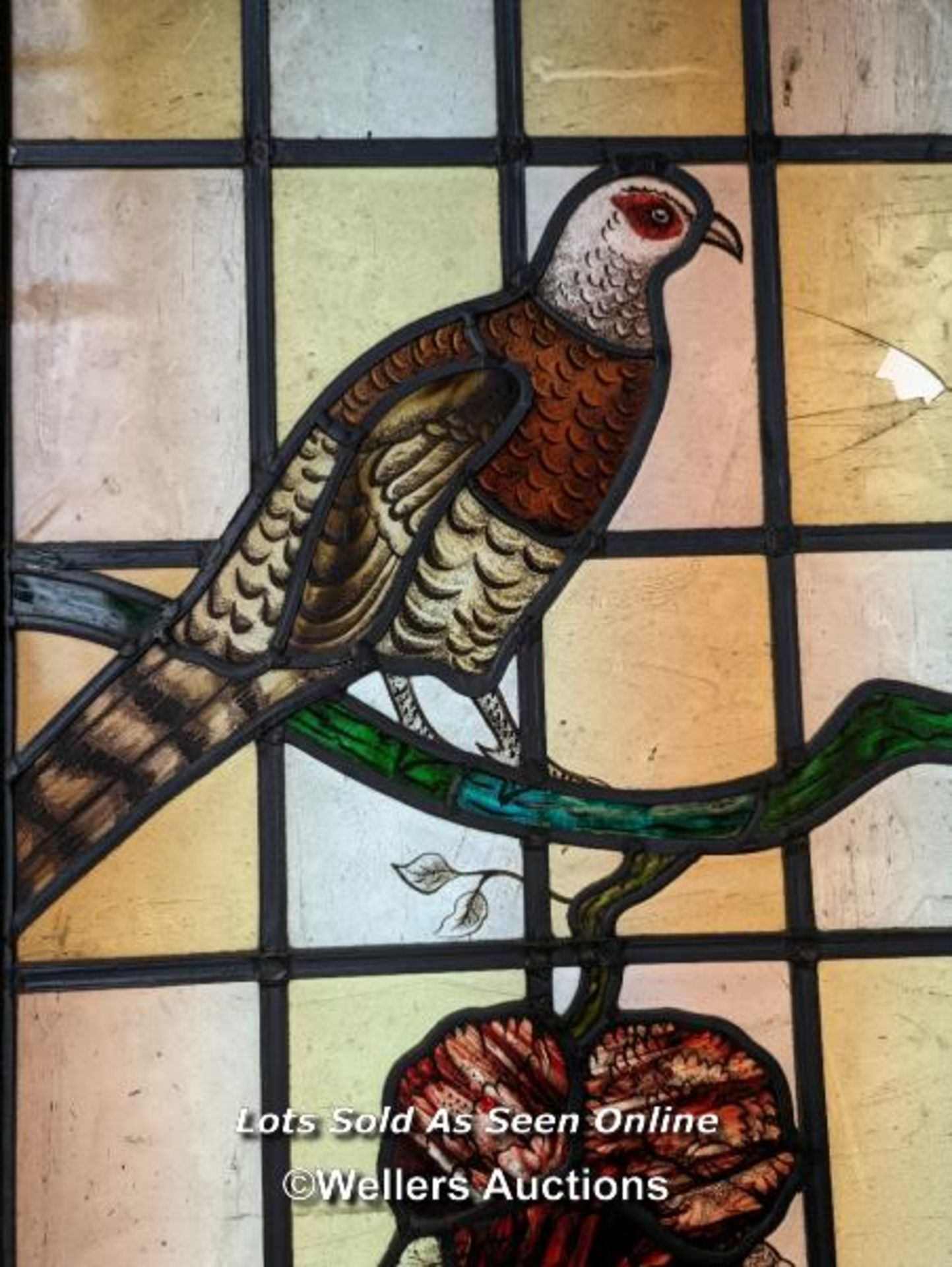 Series of three stained glass panels with handpainted birds of the field. Small areas of damage. - Image 2 of 6