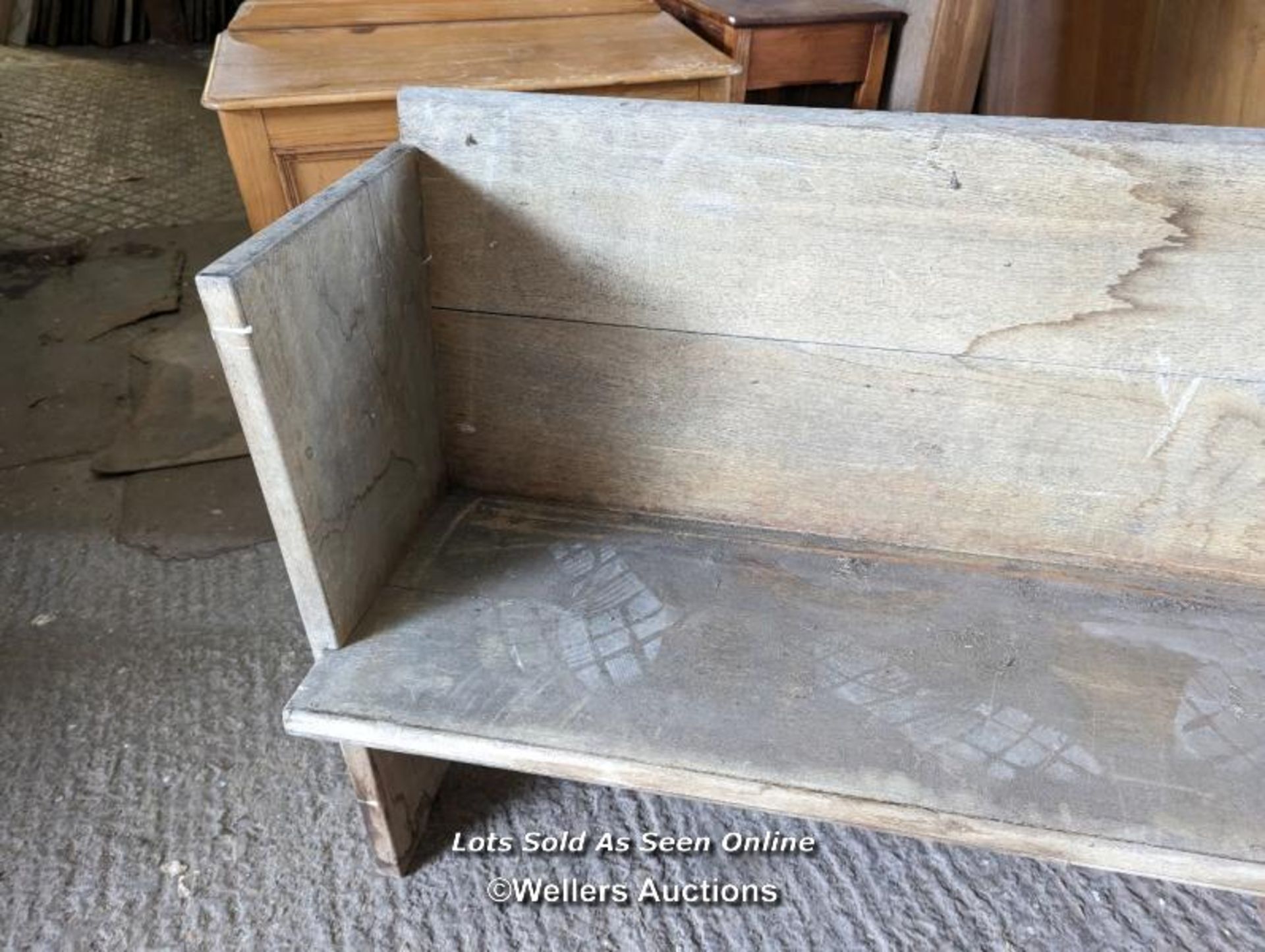 A pair of solid oak pews. Grey colour and dirty due to being stored briefly outside. Height 84cm, - Image 9 of 11