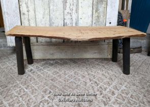 Rustic cedar bench with painted ash legs, 121 cm L x 44cm H x 30-45cm D