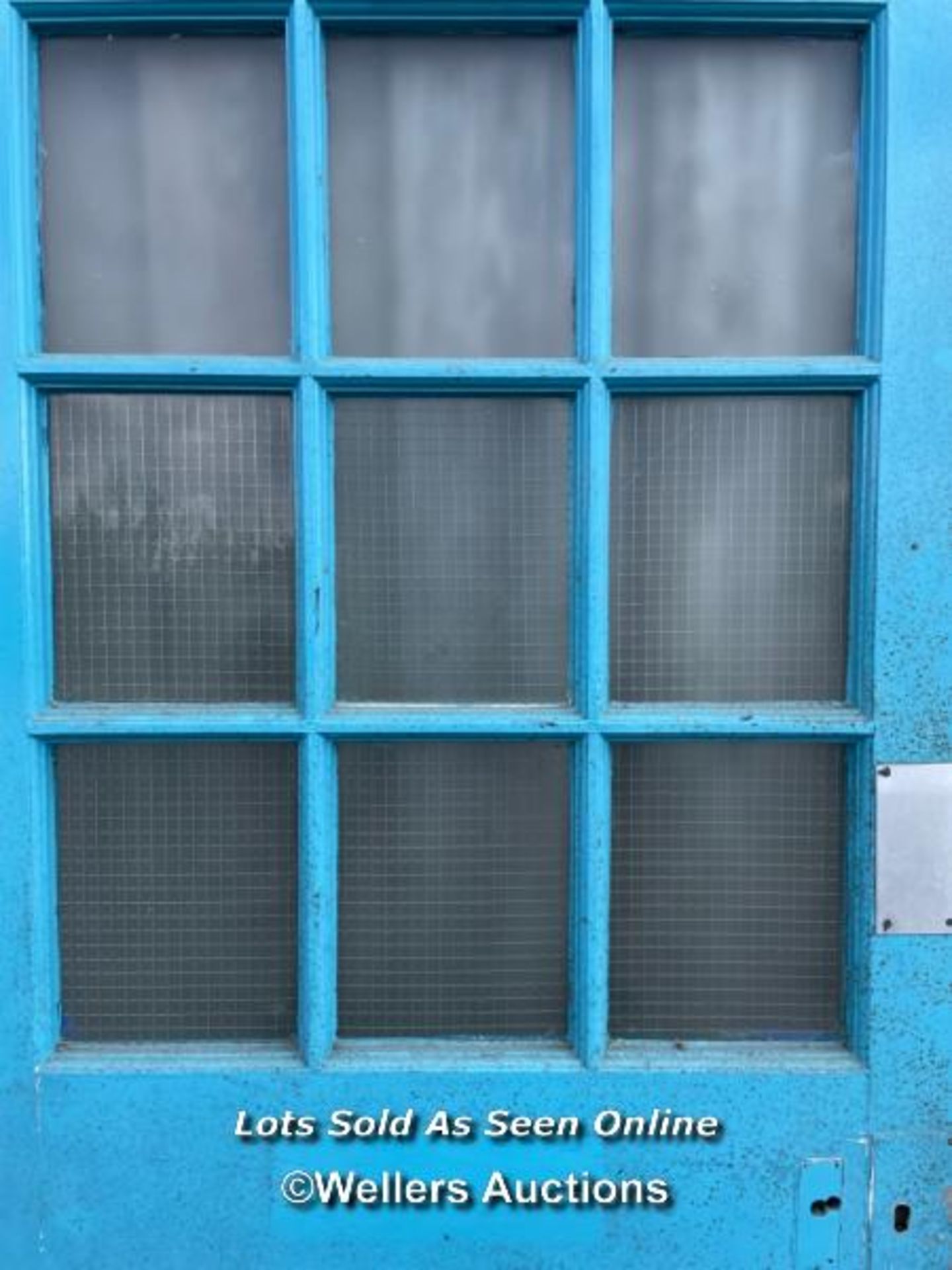 Reclaimed pine school door with 9 glazed panels, 6 of them with wired safety glass. 92cm x 200cm x - Image 3 of 3