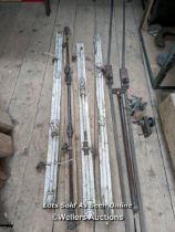 Collection of espangnolette bolts and an art deco push bar set for double doors. Bolt receivers