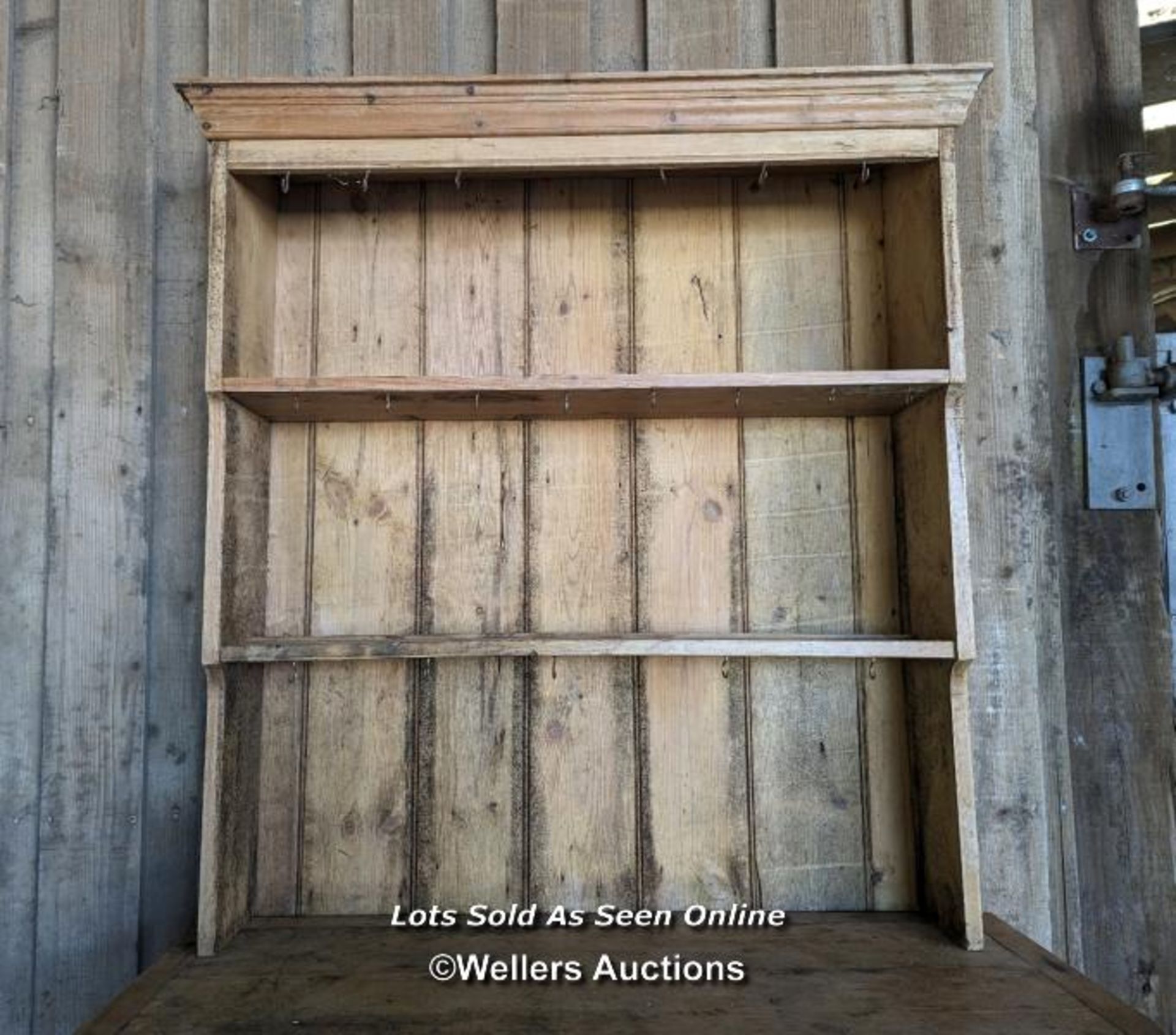 Stripped pine Victorian dresser for restoration. Open shelf over two drawers and two cupboards. - Image 2 of 6