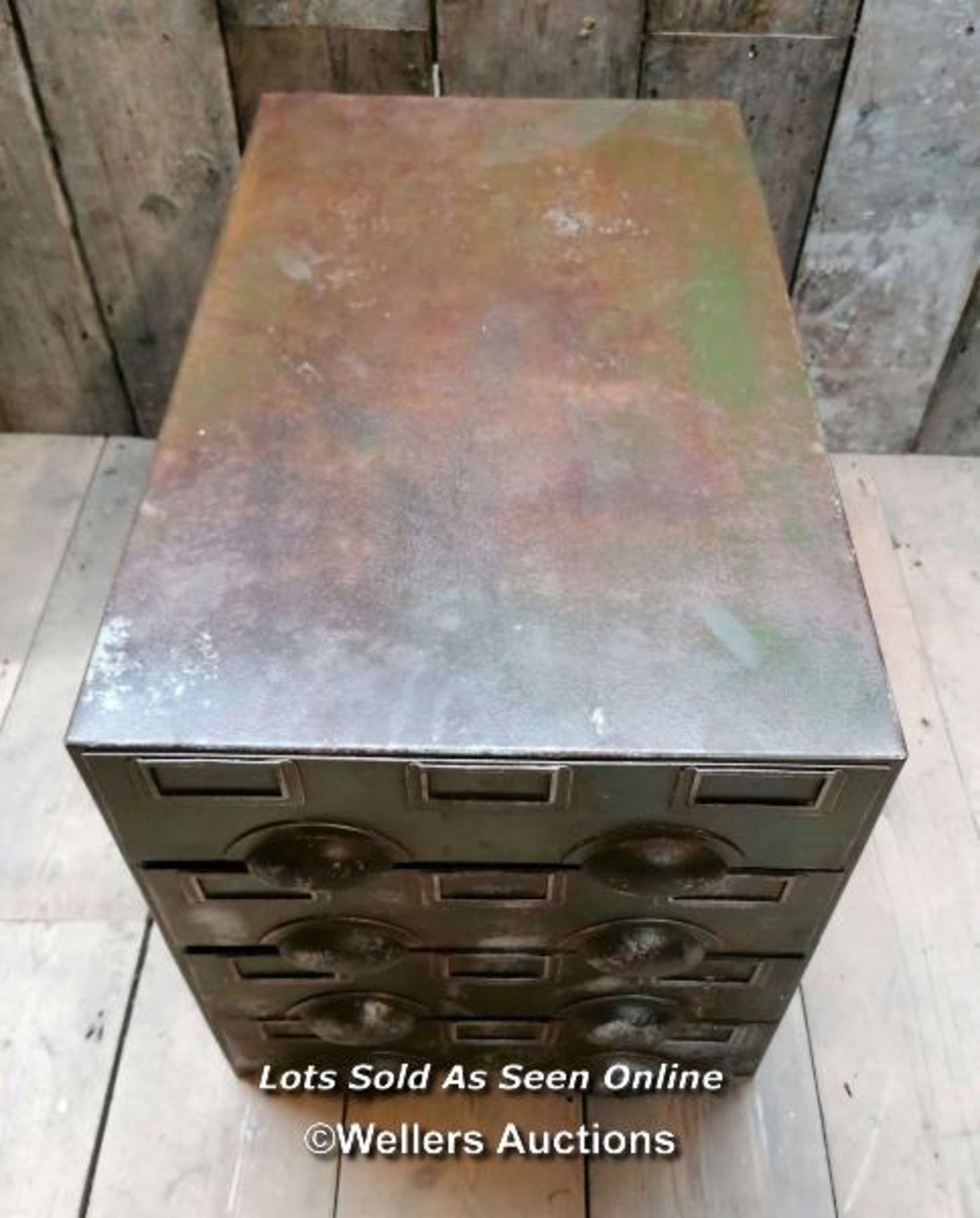 Metal industrial drawer unit. Remains of original green paint. For restoration. All drawers run. - Image 5 of 5