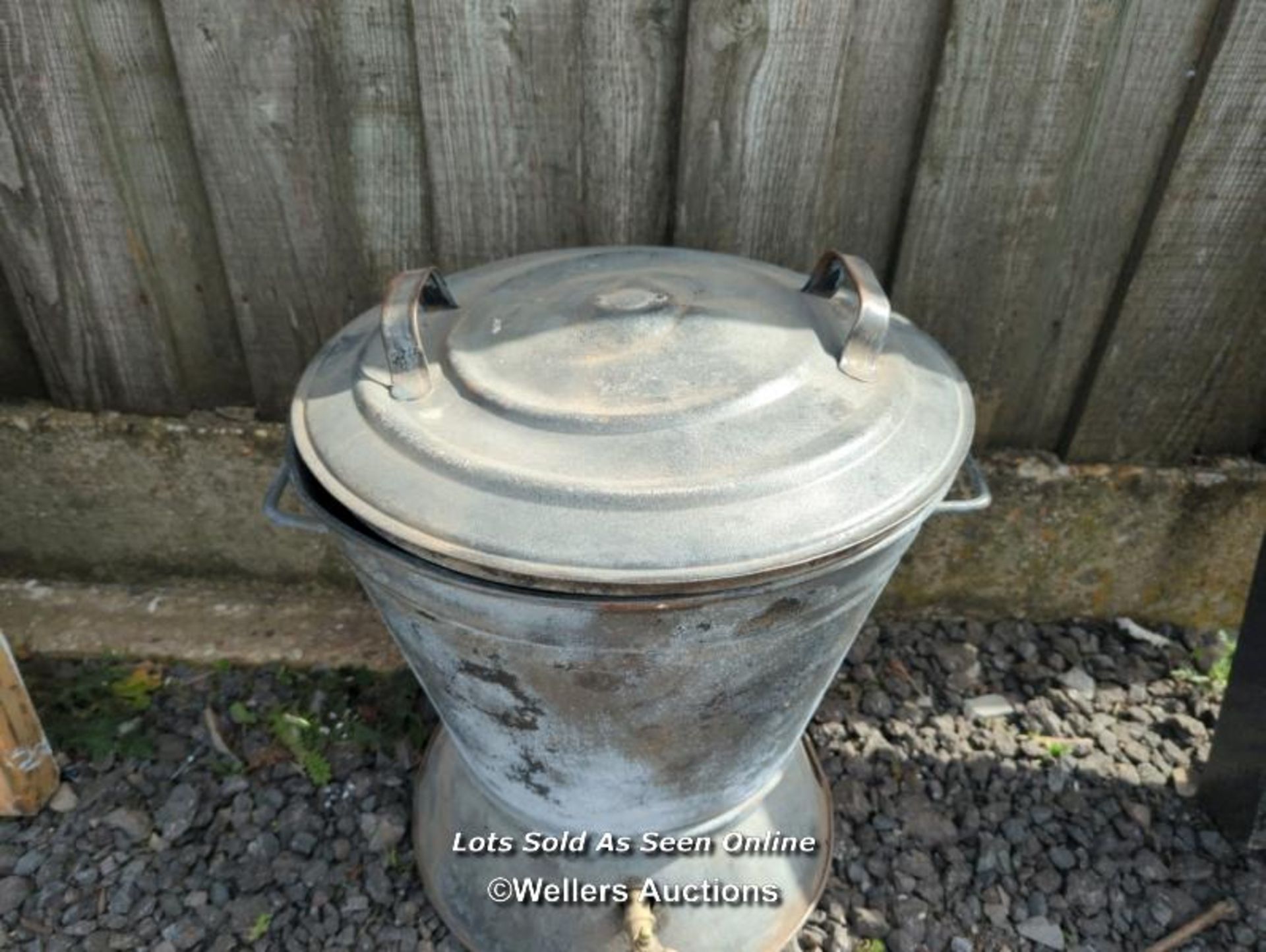 Galvanised washer, hopper or planter with brass tap (not tested) and lid. 52cm high. 48cm across. - Image 4 of 6