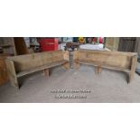 A pair of solid oak pews. Grey colour and dirty due to being stored briefly outside. Height 84cm,