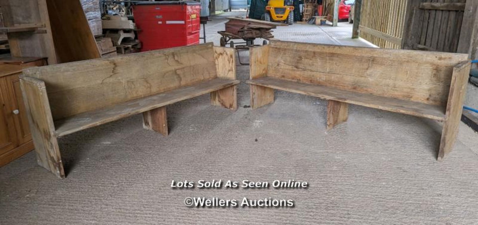 A pair of solid oak pews. Grey colour and dirty due to being stored briefly outside. Height 84cm,