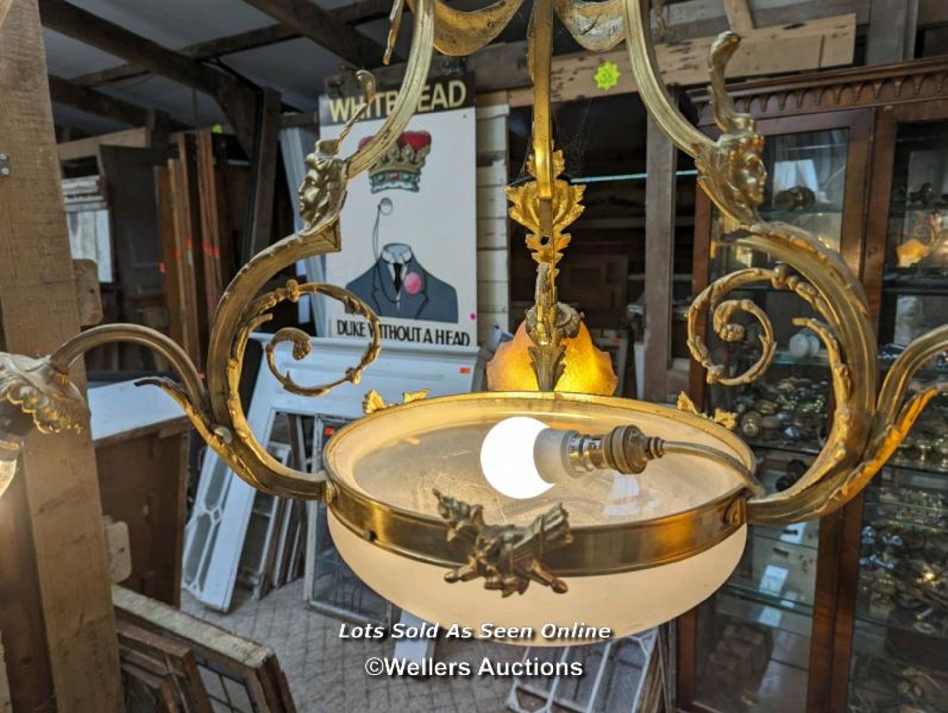 French brass chandelier, with two glass shades, third damaged. Not PAT tested. Size approx 75cm x - Bild 3 aus 6