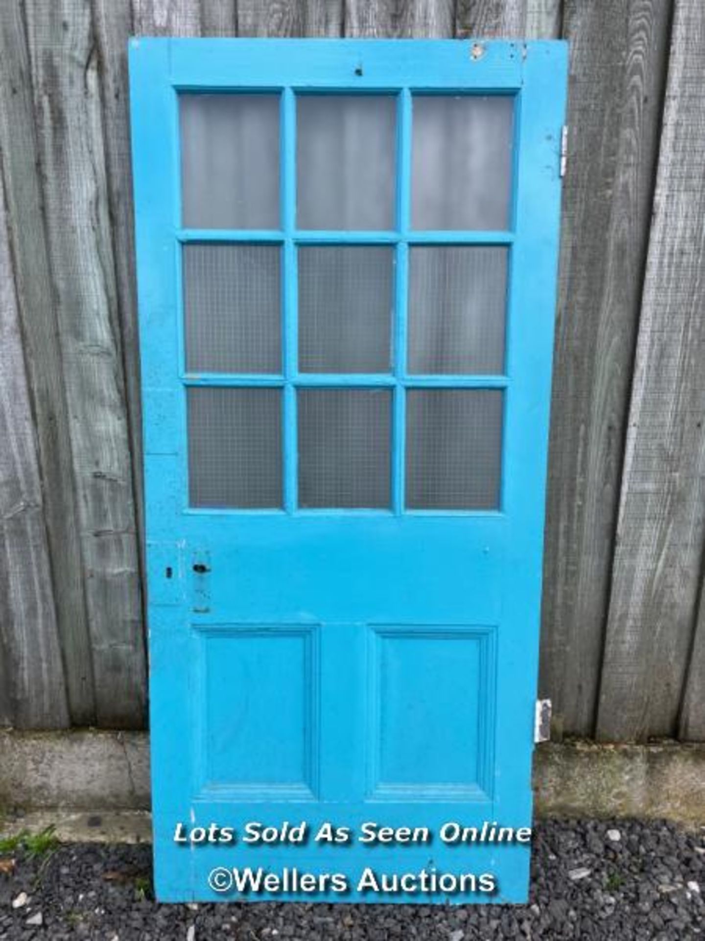 Reclaimed pine school door with 9 glazed panels, 6 of them with wired safety glass. 92cm x 200cm x - Image 2 of 3