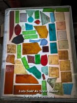 large quantity of coloured glass, textured glass and etched and handpainted pieces. Over 150 pieces.