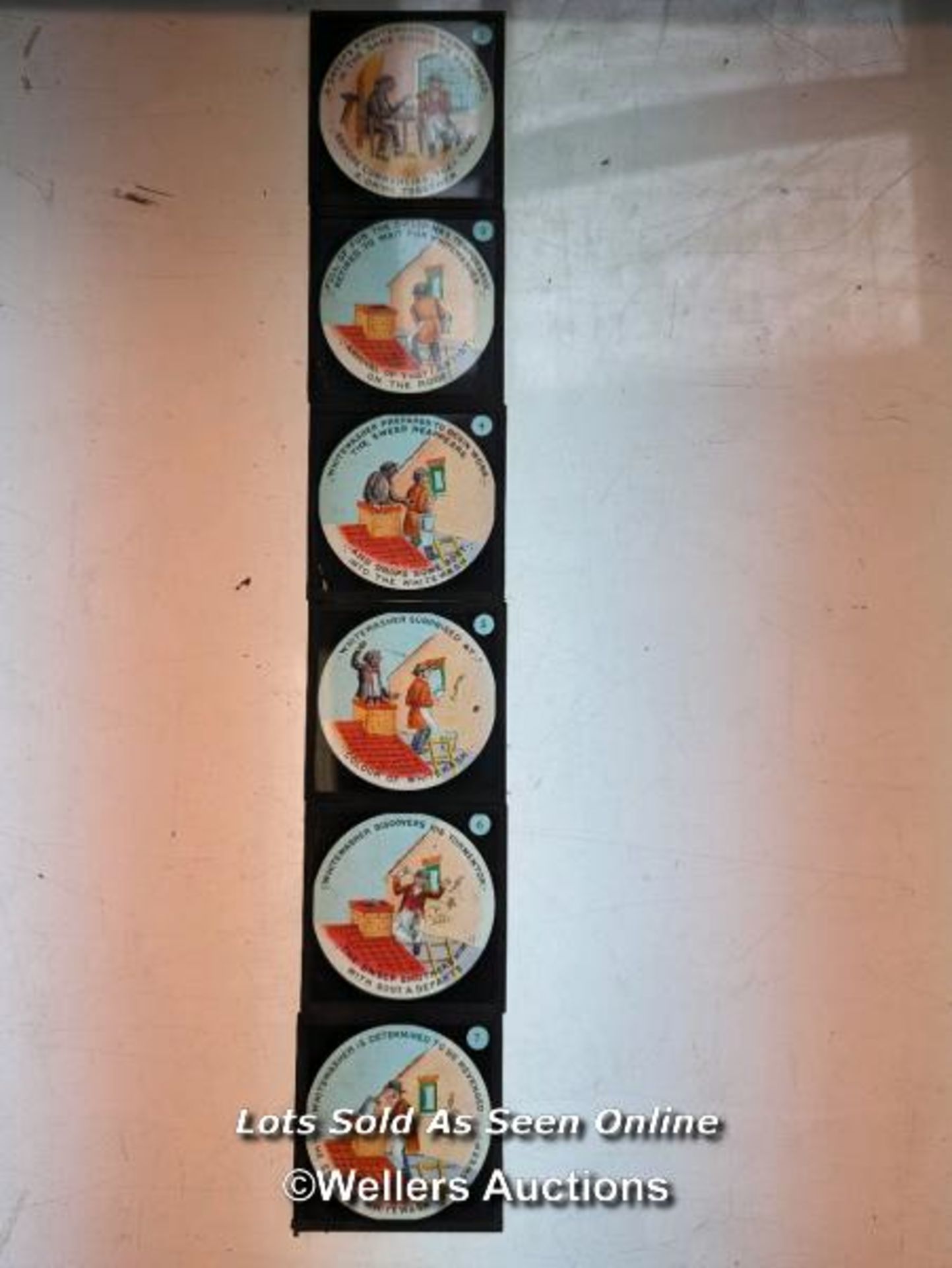 Set of 6 magic lantern slides 'the sweep and whitewasher' some missing from full set. 8.3cm x 8.3cm