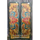 A pair of handpainted fairground waltzer boardings. Each 61cm high by 226cm long. Some paint loss,