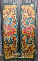 A pair of handpainted fairground waltzer boardings. Each 61cm high by 226cm long. Some paint loss,