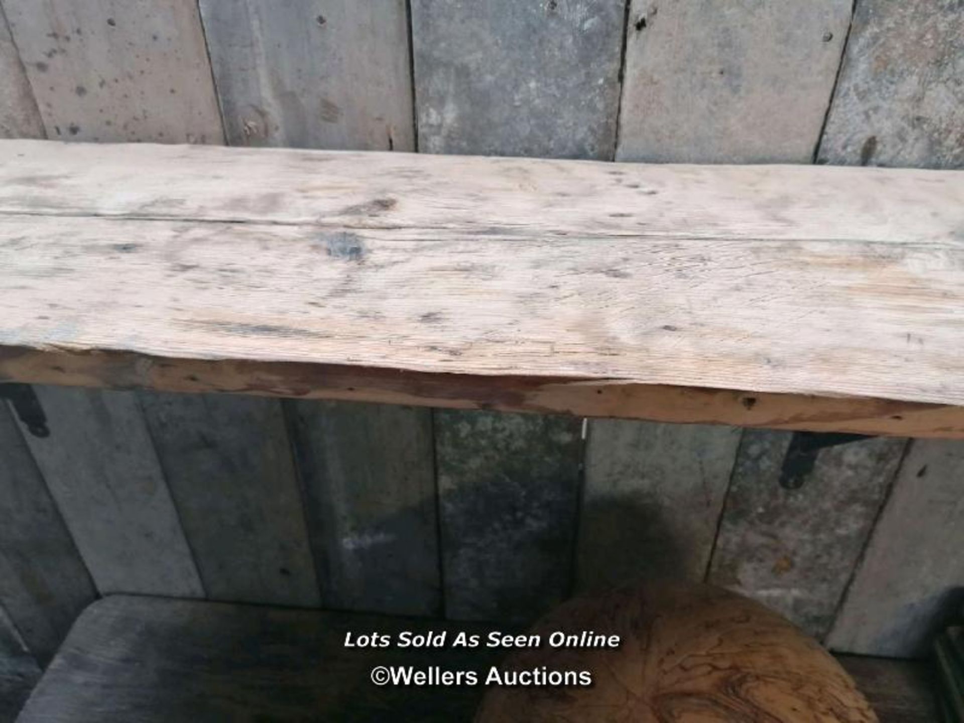 Large pine shelf with victorian metal support brackets. Pine has been sanded. 223cm L x 32cm D - Image 6 of 6