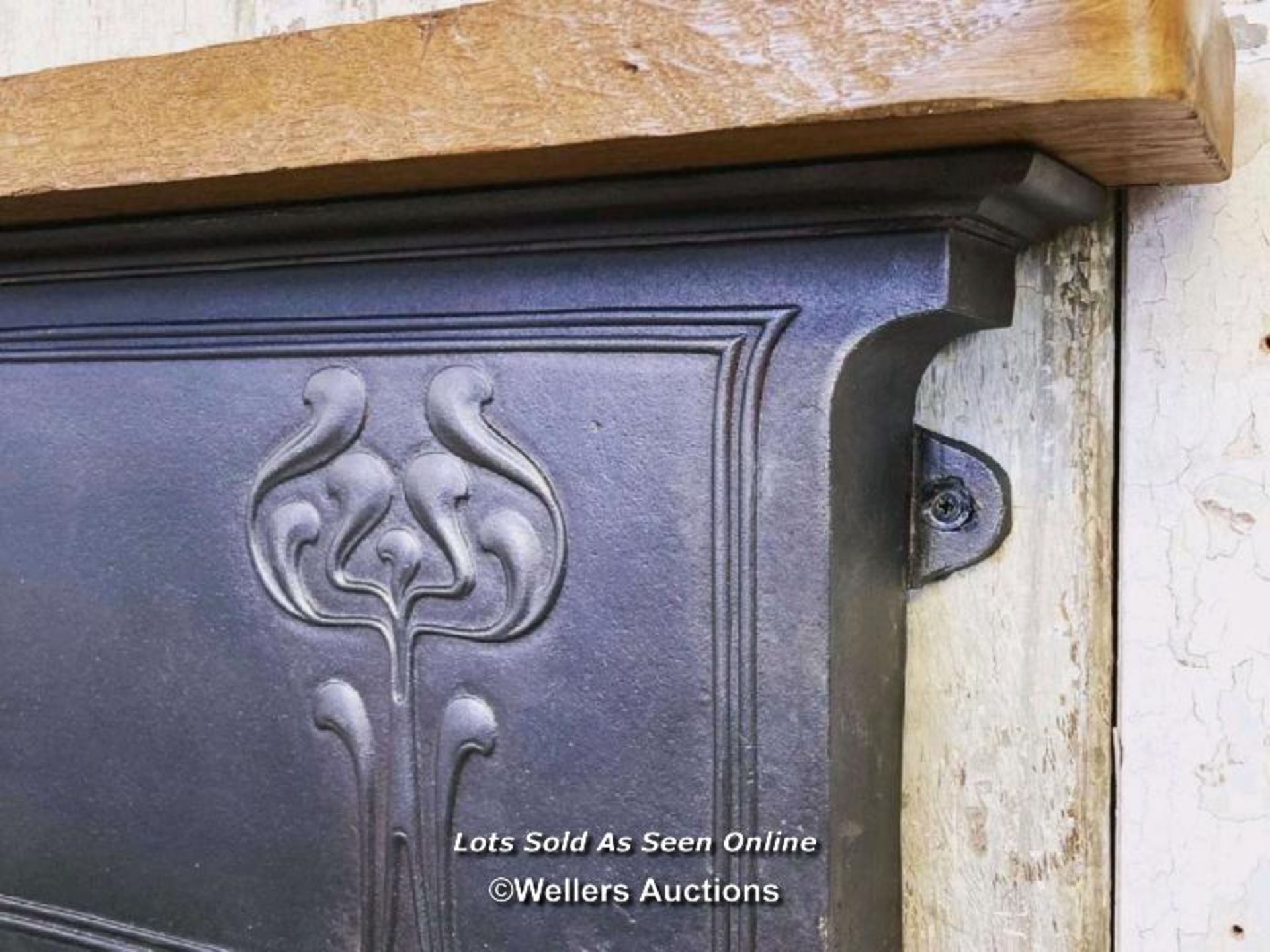 Art Nouveau cast iron fireplace element converted into wall shelf with oak top. 110cm x 37cm T. - Image 4 of 4