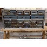 Set of industrial metal drawers for restoration. 21 drawers. Overall size 91cm W x 43cm H x 30cm D