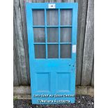 Reclaimed pine school door with 9 glazed panels, 6 of them with wired safety glass. 92cm x 200cm x