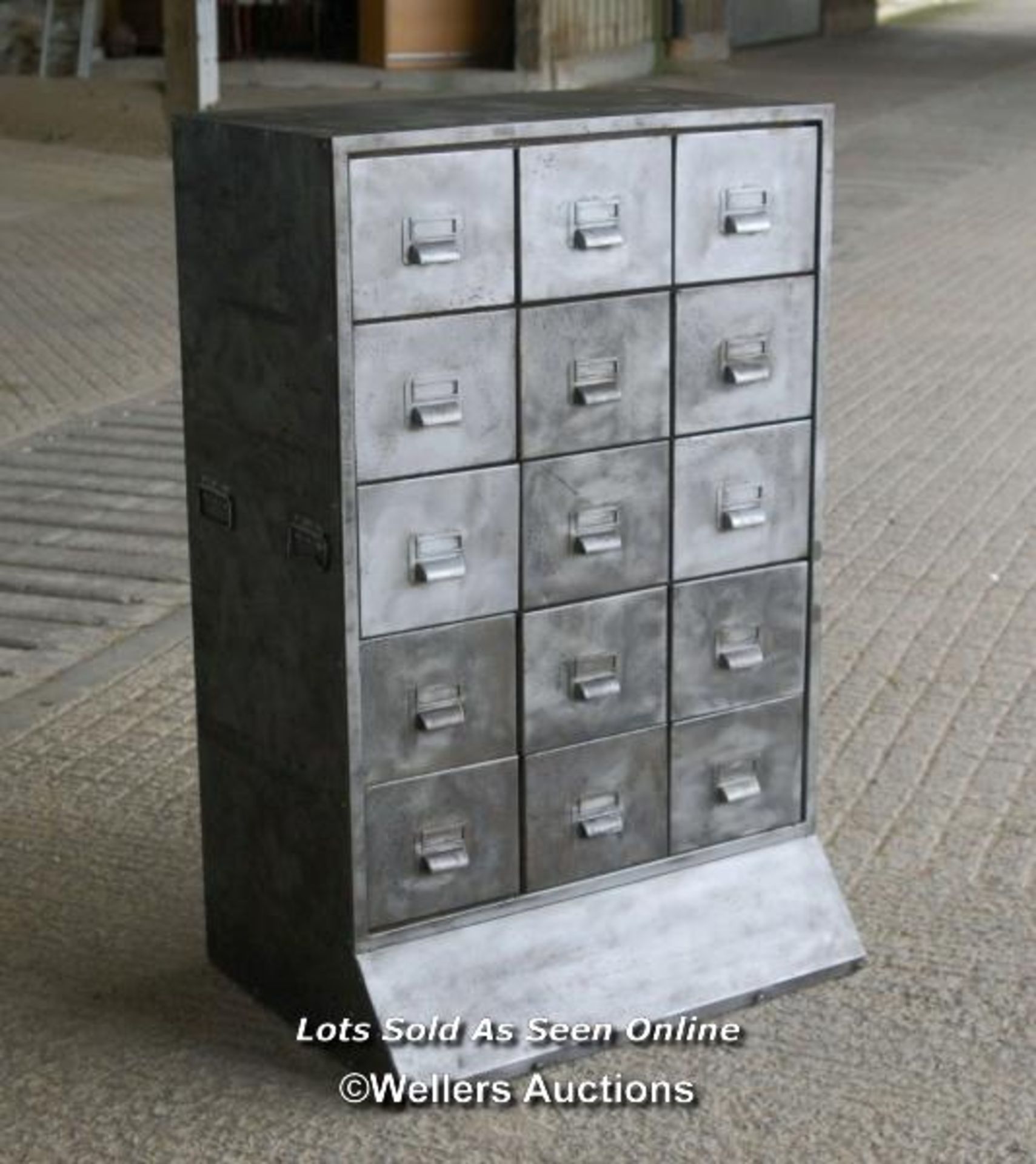 Industrial metal drawer unit. Stripped to bare metal and laquered. 15 drawers. 112cm H x 71cm W x