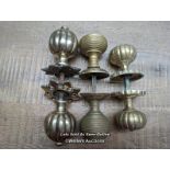 3 pairs of brass handles. One original victorian 'pumpkin' ,one beehive and one reproduction pair