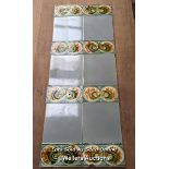 Set of Edwardian fireplace tiles, grey tiles 6" x 6", pattern tiles 6" x 3". Each panel therefore