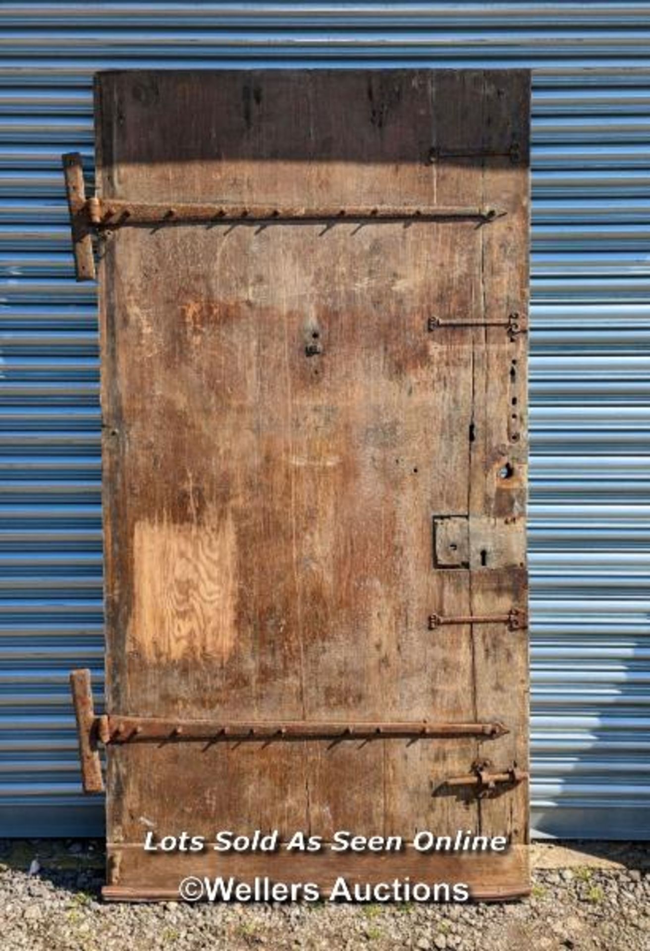 Very large pine Castle door. Pine paneled face with oak back panel. Large cast iron hinges. Size - Image 4 of 6