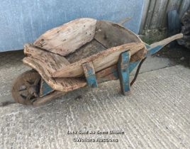 Elm wheelbarrow for restoration, planter or decoration. Later wheel unattached