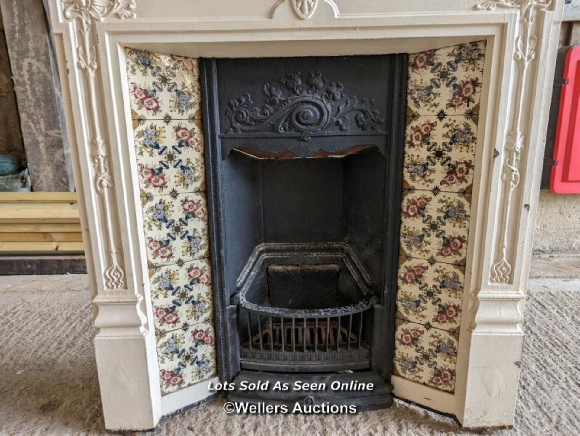 Edwardian painted cast iron combination fireplace with tiles. Complete except for one lug missing. - Image 2 of 6