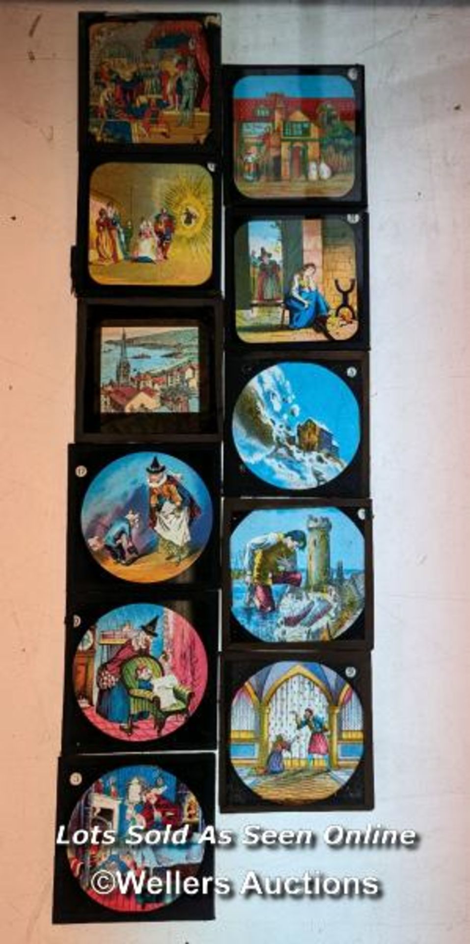 11 magic lantern slides, fairy tale themed. 8cm x 8cm