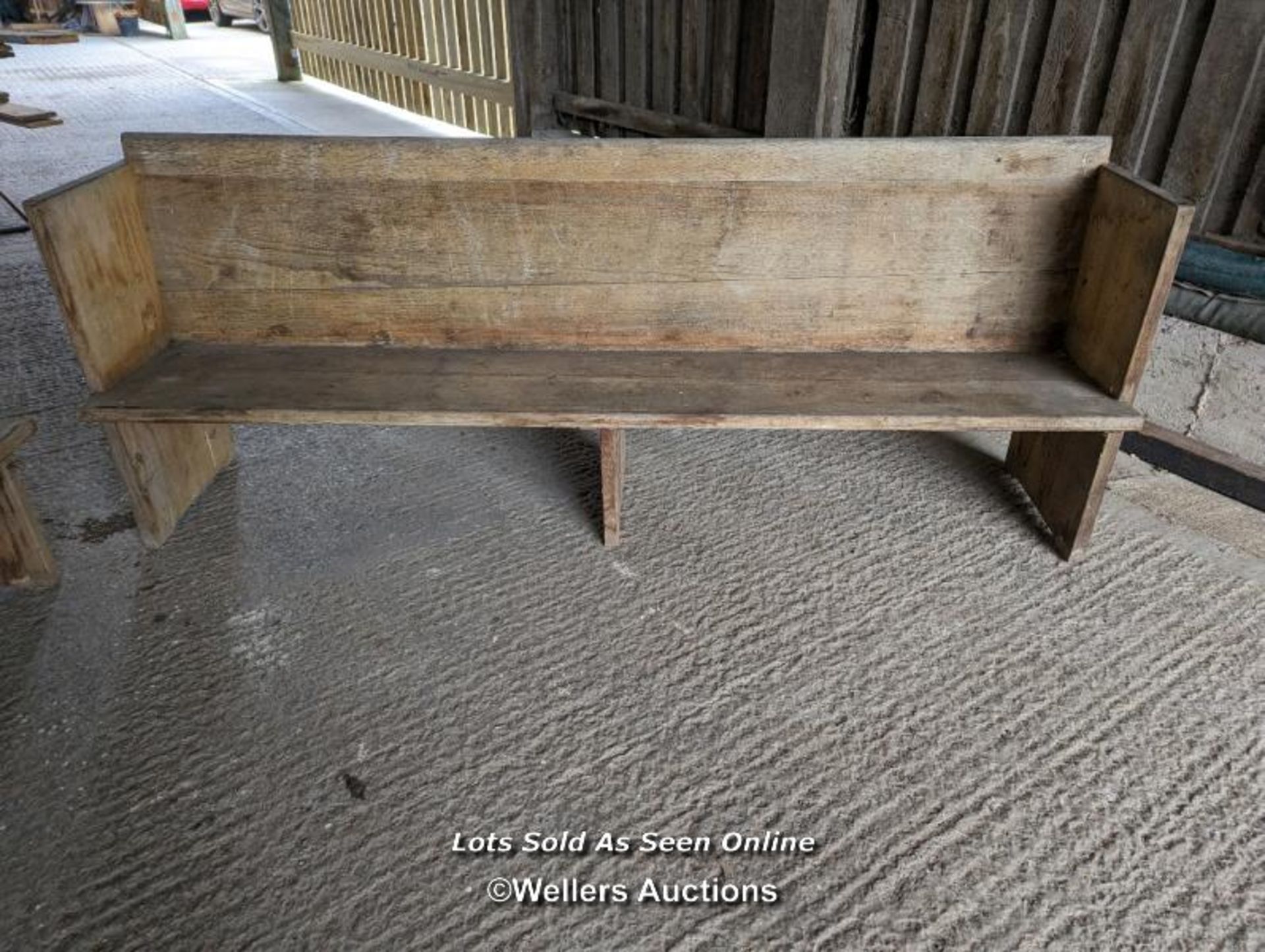 A pair of solid oak pews. Grey colour and dirty due to being stored briefly outside. Height 84cm, - Image 7 of 11