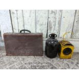 Mixed lot. Old suitcase, road lamp and demi john
