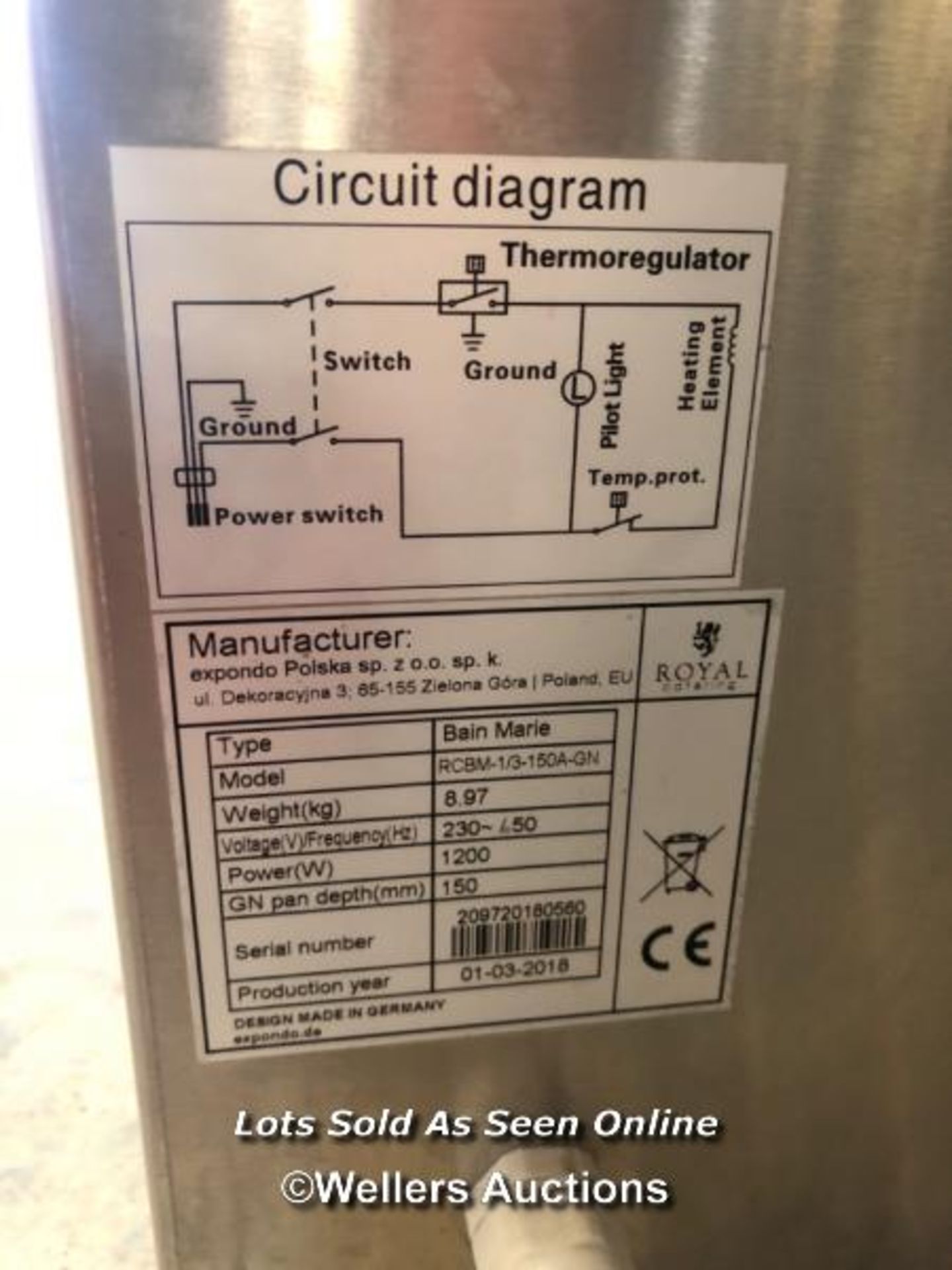 *ROYAL CATERING RCBM-1/3-150A-GN BAIN MARIE / COLLECTION LOCATION: PETERBOROUGH (PE1) - Image 4 of 4