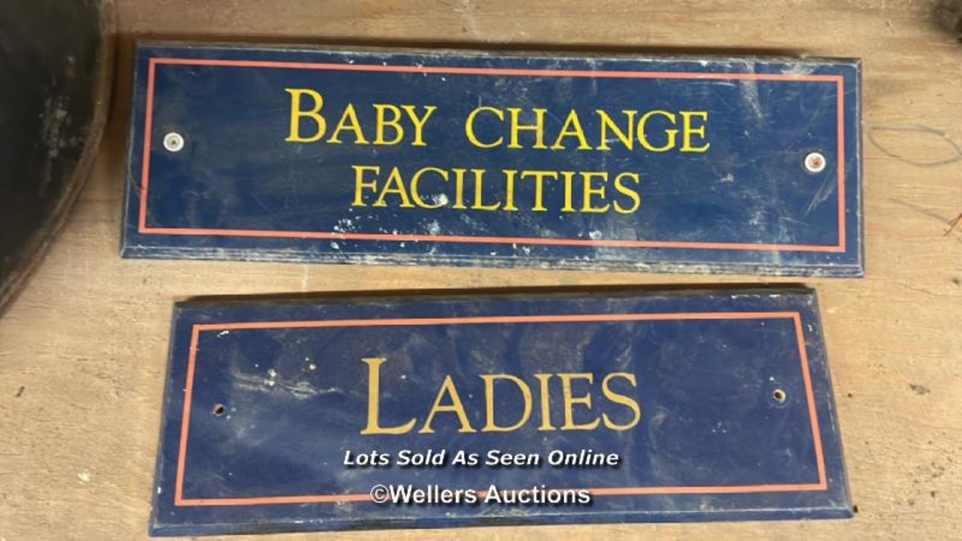 BABY CHANGE FACILITIES' AND 'LADIES' WOODEN SIGNS, LARGEST 45CM (W) X 14CM (H)