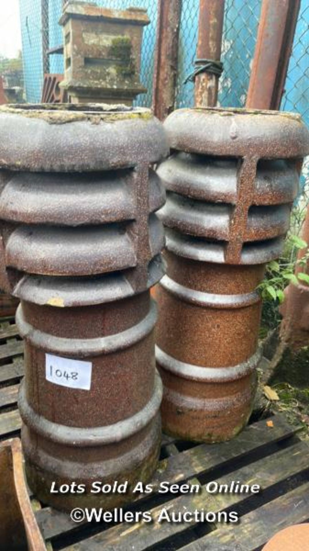 2X MATCHING SALT GLAZED LOUVRE CHIMNEY POTS, 88CM (H) X 35CM (DIA)