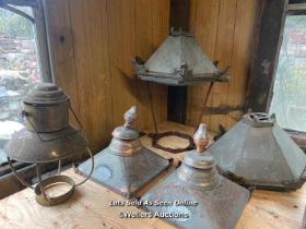5X ASSORTED METAL LIGHT LAMP COVERS INCLUDING JOSEPH KNIGHT LAMP CO. LTD, LARGEST APPROX 59CM HIGH