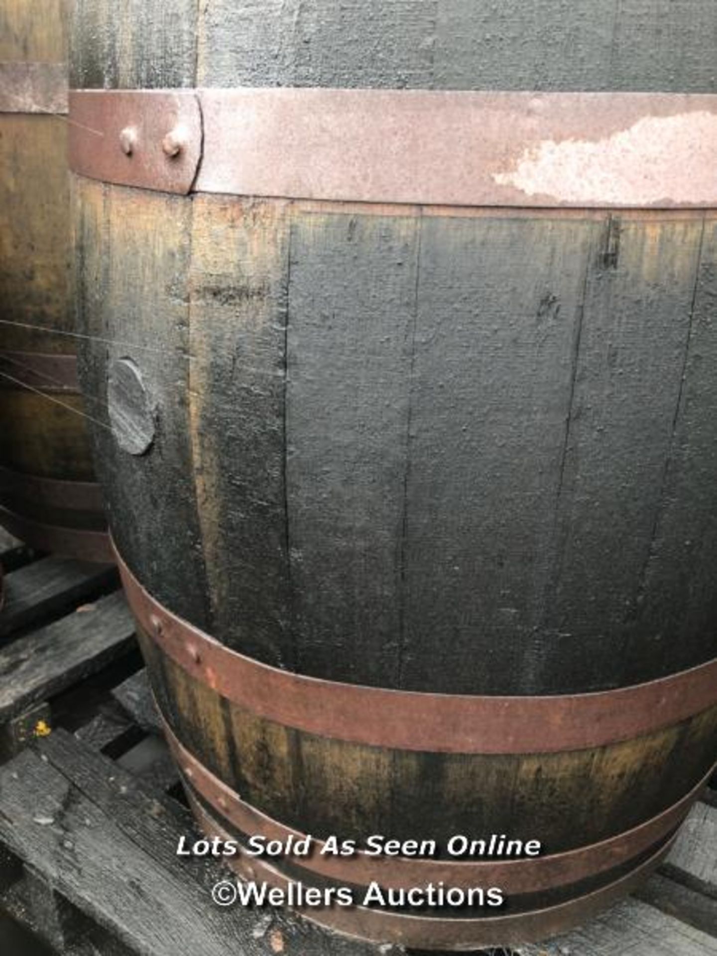 PAIR OF WHISKY BARRELS, EXAMPLE SHOWING IN IMAGE, 89CM (H), 212CM CIRCUMFRENCE, 56CM (DIA)