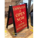 "THWAITES OPEN NOW, FOOD AVAILABLE" METAL SIGNBOARD, 85CM (H) X 61CM (W), RECLAIMED FROM THE