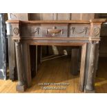 CARVED OAK FIREPLACE SURROUND, EXT. MEASUREMENTS 120CM (H) X 149CM (W) X 25CM (D), INT. 82CM (W) X