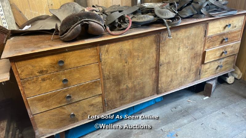 LARGE 70'S ERA SIDEBOARD, WITH FELT LINED DRAWERS, CENTRAL SECTION LOCKED WITHOUT KEY, IN NEED OF