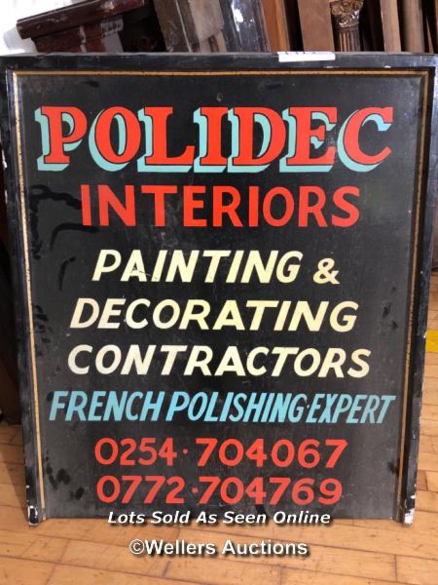 "POLIDEC INTERIORS" WOODEN SIGN, 93CM (H) X 80CM (W) X 5CM (D)