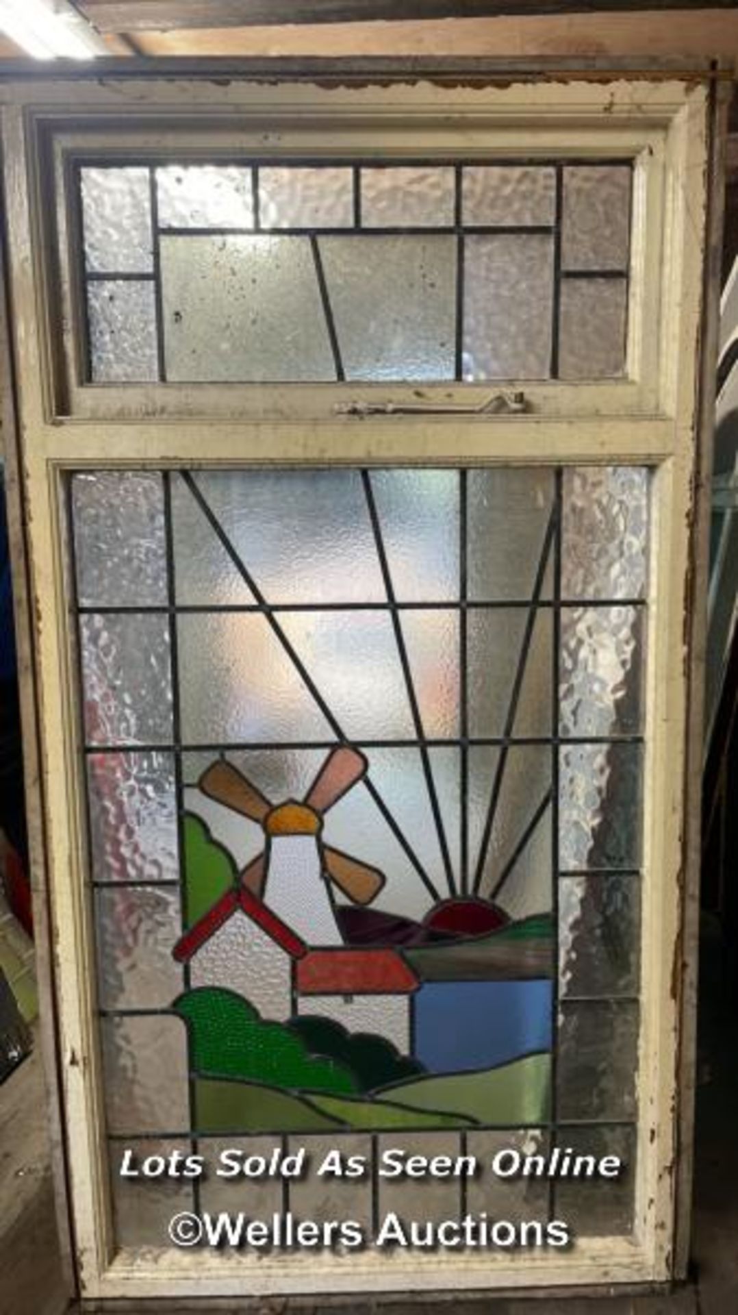 LARGE STAINED GLASS WINDOW DEPICTING WINDMILL ON LAKE, IN WOODEN FRAME, 98CM (W2) X 182CM (H), - Bild 3 aus 3