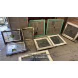 10X VARIOUS STAINED GLASS WINDOWS IN WOODEN FRAMES, 85CM (H) X 55CM (W), FOR RESTORATION