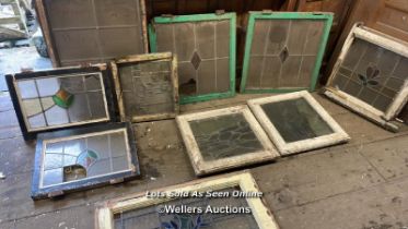 10X VARIOUS STAINED GLASS WINDOWS IN WOODEN FRAMES, 85CM (H) X 55CM (W), FOR RESTORATION