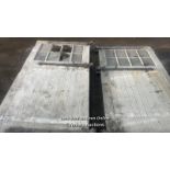 MATCHING PAIR OF GARAGE DOORS WITH HEAVY ORNATE CAST IRON HINGES, 224CM (H) X 125CM (W) X 6CM (T)