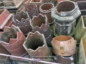 7X ASSORTED CHIMNEY POTS, INCL. OCTAGANAL AND CROWN TOP, LARGEST 60CM (H) X 35CM (DIA)
