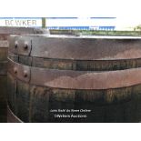 PAIR OF WHISKY BARRELS, EXAMPLE SHOWING IN IMAGE, 89CM (H), 212CM CIRCUMFRENCE, 56CM (DIA)